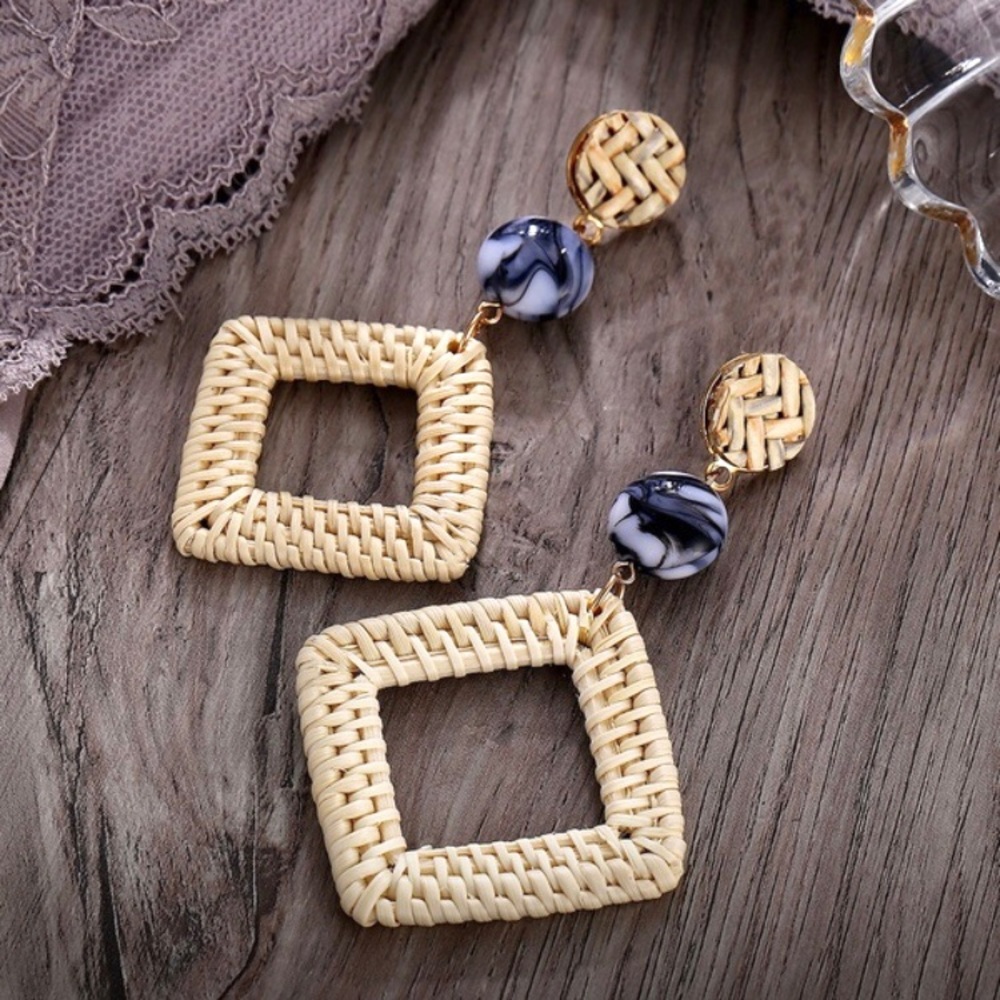 Geometric Natural Straw Woven Earrings